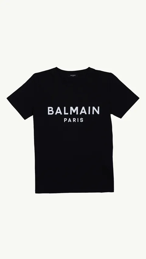 BALMAIN Women Balmain Paris Flocked Suede Logo T-Shirt in Black/White