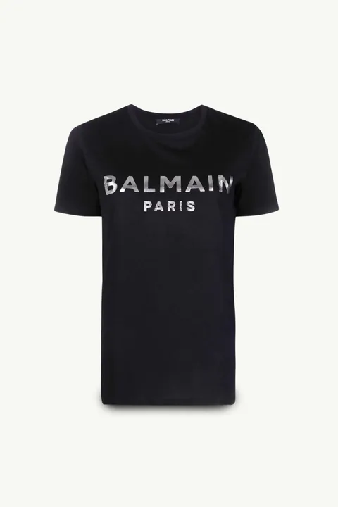 BALMAIN Women Balmain Metallic Bold Logo T-Shirt in Black/Silver
