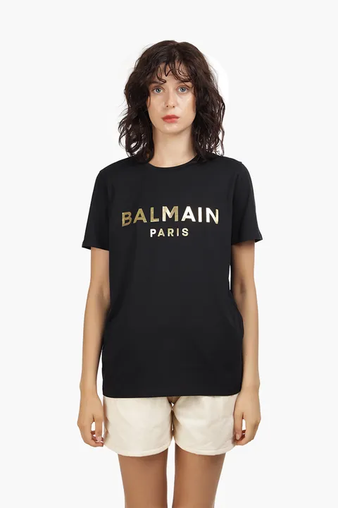 BALMAIN Women Balmain Metallic Bold Logo T-Shirt in Black/Gold