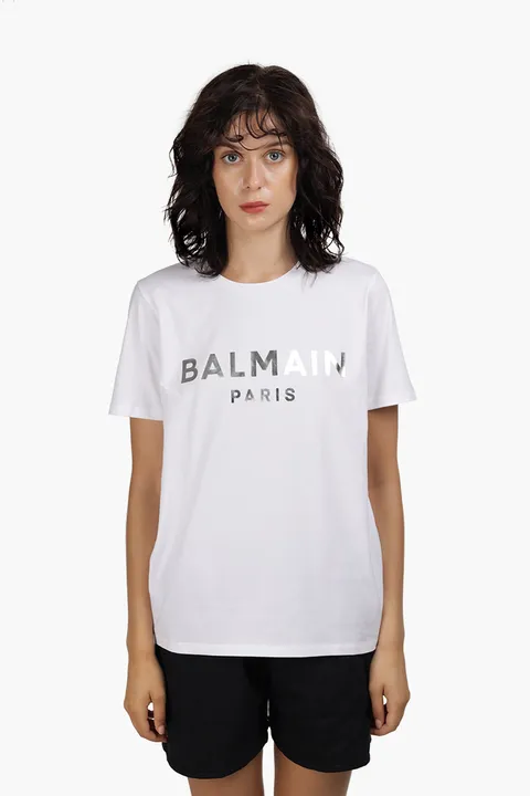 BALMAIN Women Balmain Metallic Bold Logo T-Shirt in White/Silver