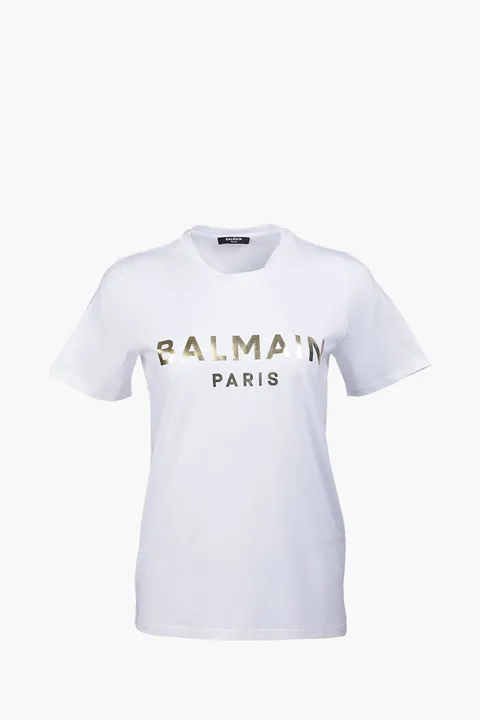 BALMAIN Women Balmain Metallic Bold Logo T-Shirt in White/Gold