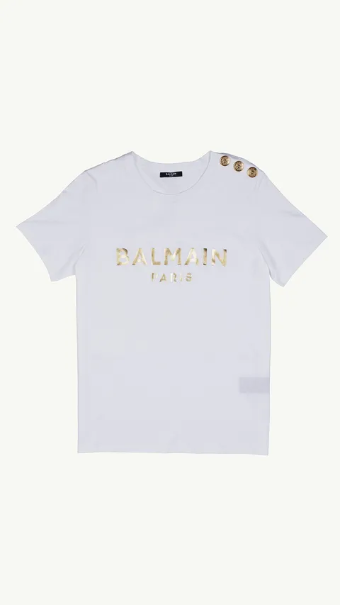 BALMAIN Women 3 Buttons Balmain Paris Metallic Logo T-Shirt in White/Gold