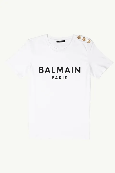 BALMAIN Women 3 Buttons Balmain Bold Logo T-Shirt in White/Black