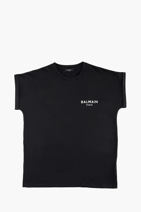 BALMAIN Women Balmain Paris Small Flocked Logo Casual Cut T-Shirt in Black/White
