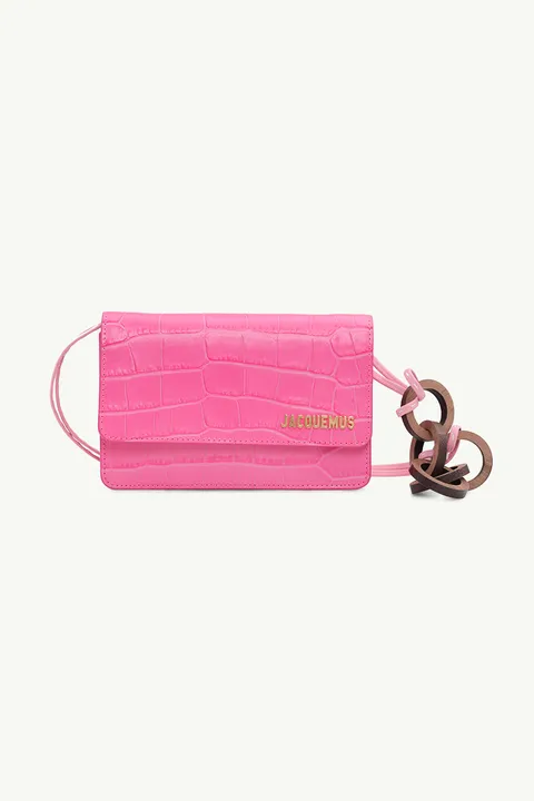 JACQUEMUS Le Riviera Ring Handle Bag in Pink Croco Stamped
