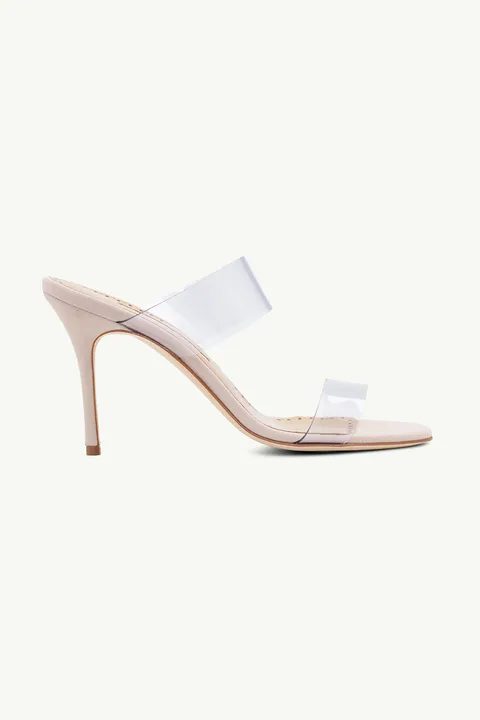 MANOLO BLAHNIK Scolto Eco PVC Open Toe Mules Heels 90mm in Cream Suede