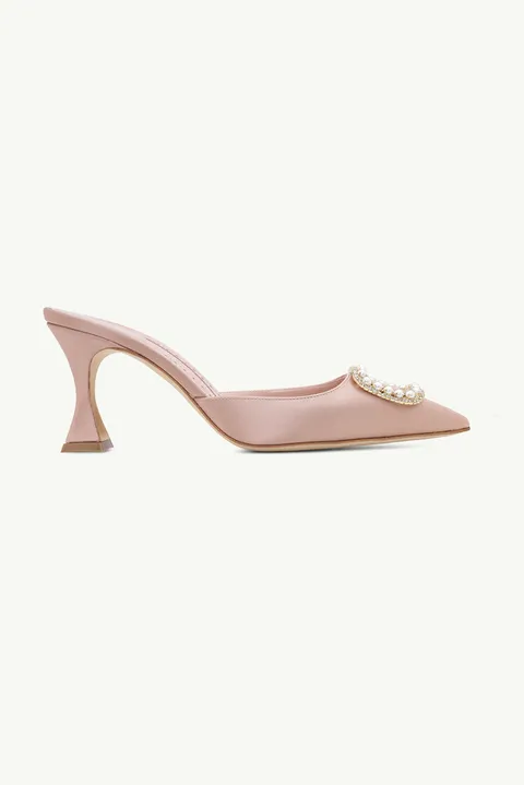MANOLO BLAHNIK Fabeta Mules 7cm in Champagne Satin with Crystal & Pearls