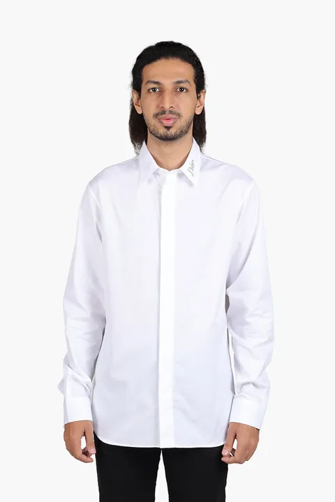 CHRISTIAN DIOR Men Long Sleeves Shirt in White Cotton Poplin with Greige 'DIOR' on Collar