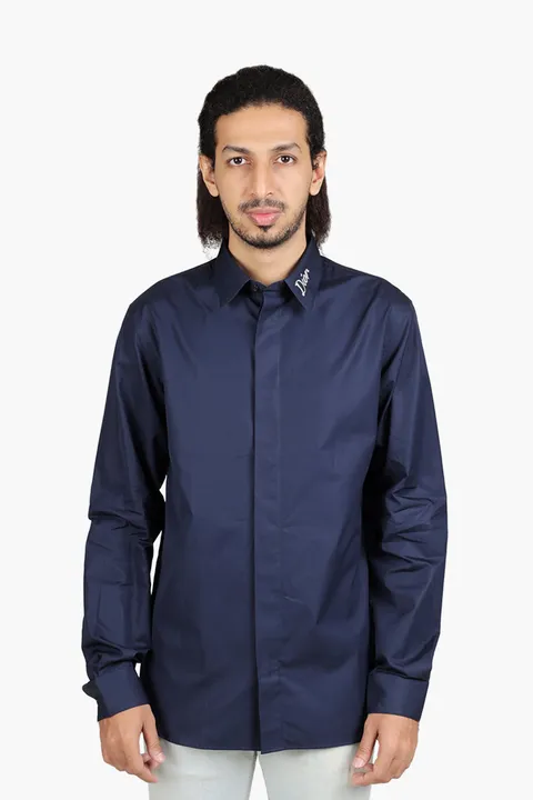 CHRISTIAN DIOR Men Long Sleeves Shirt in Navy Blue Cotton Poplin with Greige 'DIOR' on Collar