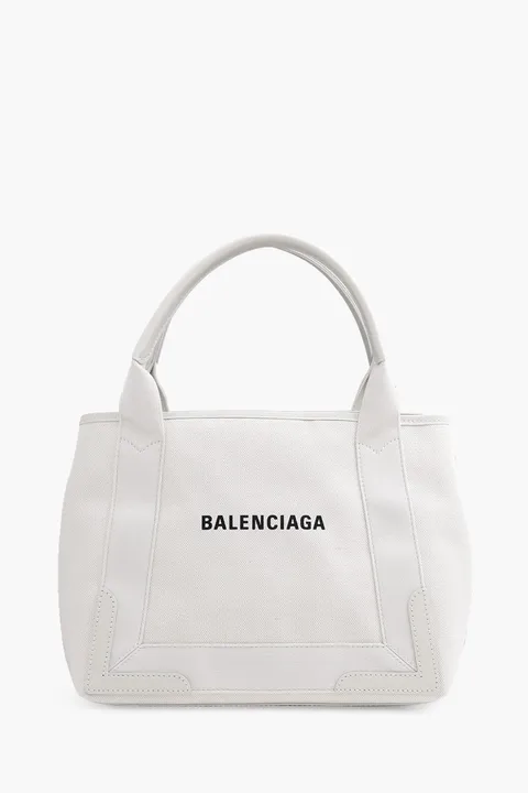 BALENCIAGA Navy Cabas S Tote in Off White/Beige with Logo