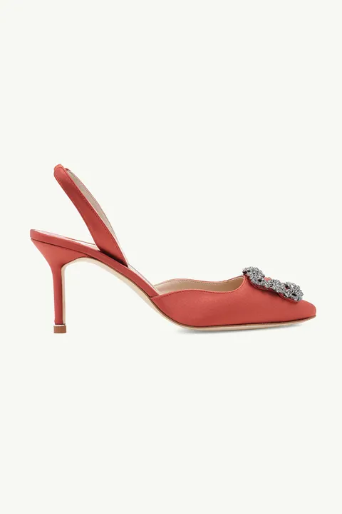 MANOLO BLAHNIK Hangisi Slingback Pumps 7cm in Dark Brown Satin with Dark Crystal