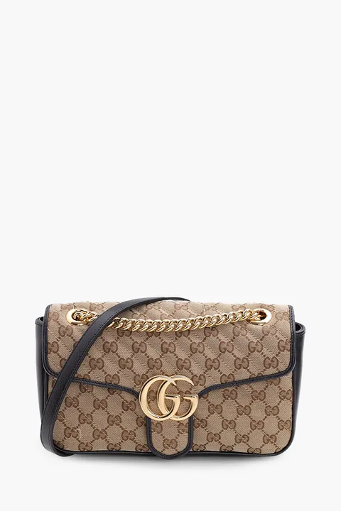 GUCCI Small GG Marmont Shoulder Bag in Beige/Ebony/Black Canvas GHW