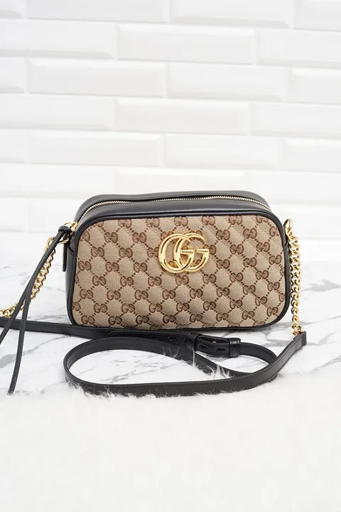 GUCCI Small GG Marmont Zipper Shoulder Bag in Beige/Ebony/Black GHW
