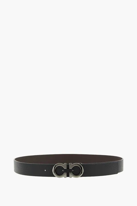 SALVATORE FERRAGAMO Men Reversible Glossy Gancini Belt 3cm in Black/Hickory Grained Calfskin SHW