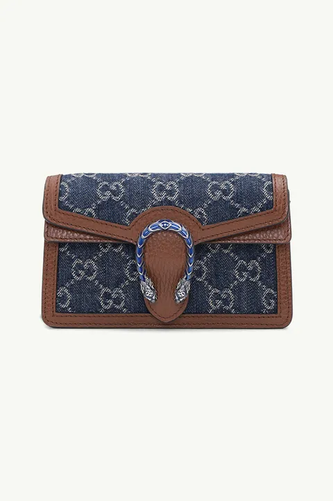 GUCCI Super Mini GG Supreme Dionysus Chain Shoulder Bag in Dark Blue/Brown Denim x Leather