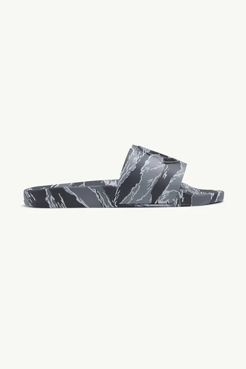 MONCLER Men Basile Tiger Print Slides in Grey Multicolor with 3D Logo