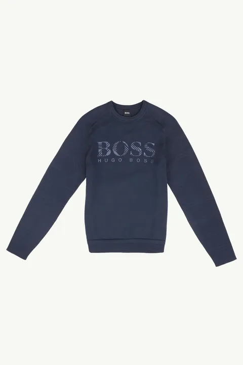 HUGO BOSS Men Rimond Decorative Reflective Logo Relaxed Fit Sweater in Dark Blue