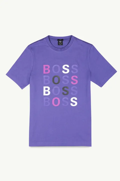 HUGO BOSS Men Tessler Slim Fit T-Shirt in Purple Cotton Jersey with Multicolor Logos