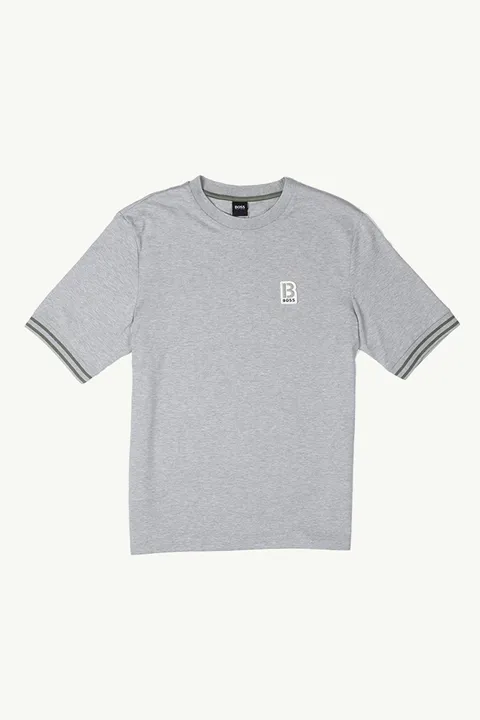 HUGO BOSS Men Temixo Confort Fit T-Shirt in Silver Melange-Cotton with Printed & Embroidered Logo
