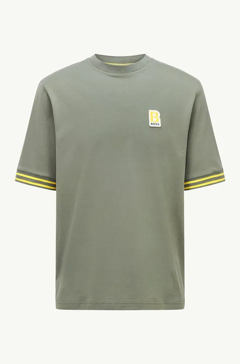 HUGO BOSS Men Temixo Confort Fit T-Shirt in Light Green Melange-Cotton with Printed & Embroidered Logo