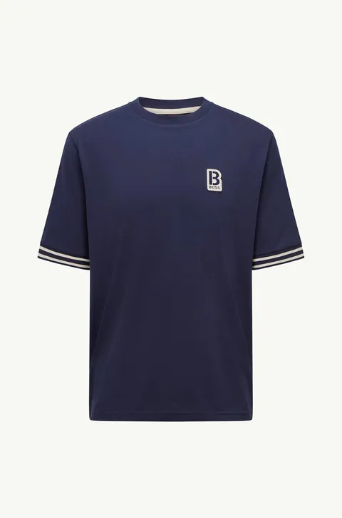 HUGO BOSS Men Temixo Confort Fit T-Shirt in Dark Blue Melange-Cotton with Printed & Embroidered Logo