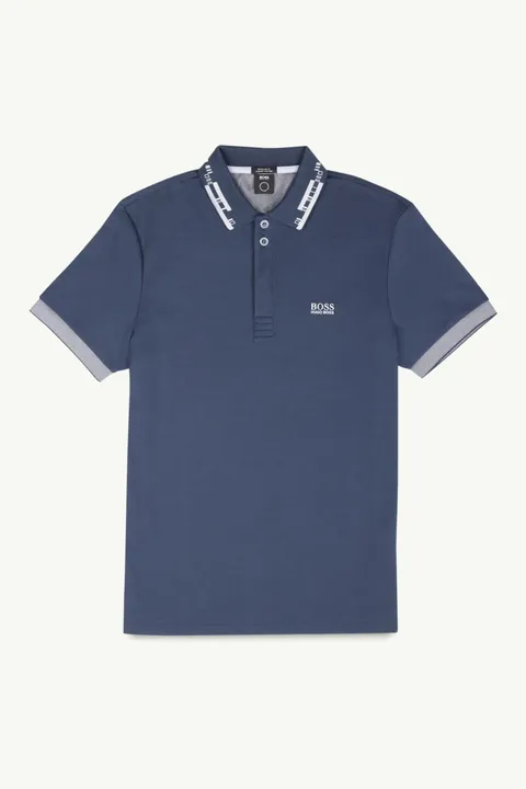 HUGO BOSS Men Regular Fit Polo Shirt in Dark Blue Cotton with Patterned Collar