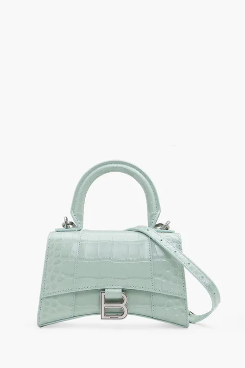 BALENCIAGA Hourglass Top Handle XS in Light Green Croco SHW