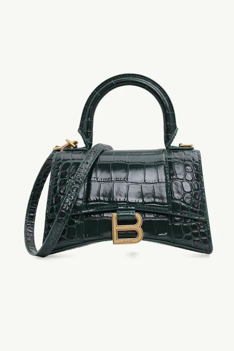 BALENCIAGA Hourglass Top Handle Bag XS in Forest Green Shiny Croco GHW