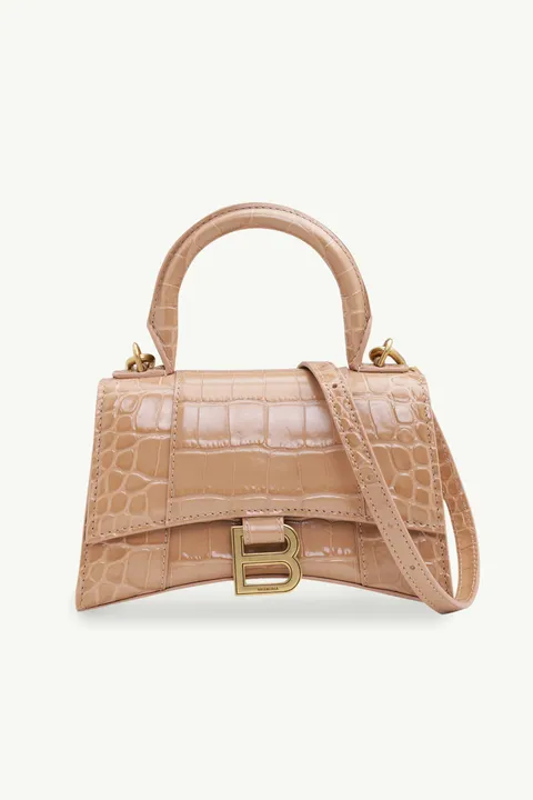 BALENCIAGA Hourglass Top Handle Bag XS in Beige Shiny Croco GHW