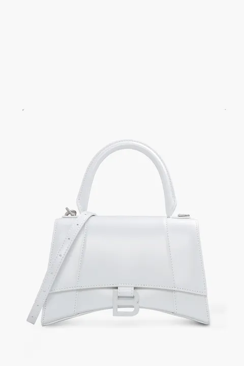 BALENCIAGA Hourglass Top Handle S in White Shiny Box Calfskin