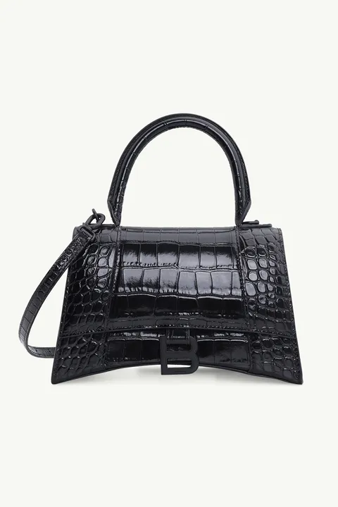 BALENCIAGA Hourglass Top Handle S in Black Shiny Croco Embossed BHW
