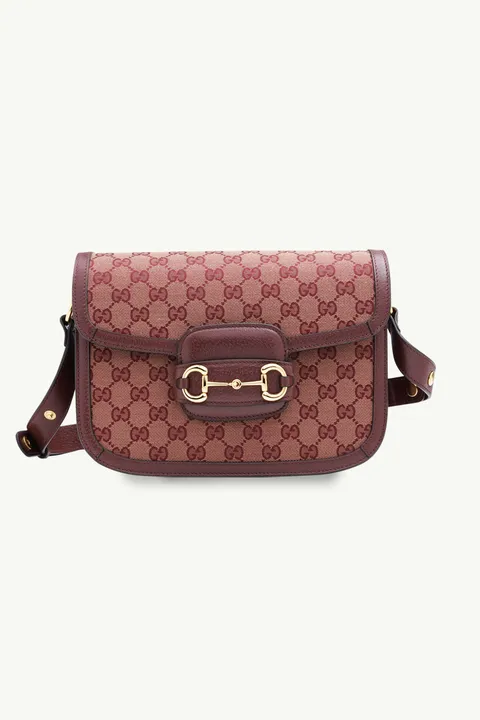 GUCCI GG Supreme 1955 Horsebit Shoulder Bag in Beige/Burgundy GHW