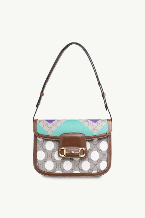 GUCCI GG Supreme 1955 Horsebit Colorful Geometric Shoulder Bag in Beige/Ebony Multicolor