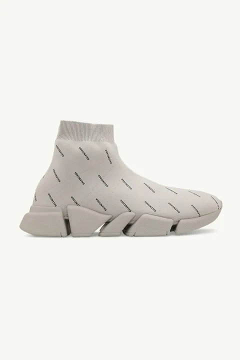 BALENCIAGA Men Speed 2.0 Sneakers in Beige/Black Recycled Knit with All Over Logo