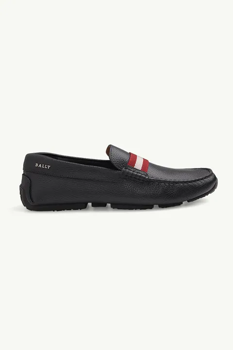 BALLY Men Driver Pearce Loafers in Black Bovine Grained with Red/White Stripe
