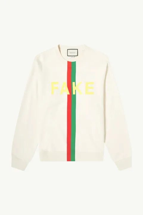 GUCCI Men 'Fake/Not' Print Oversize Sweatshirt in Off White with Web Stripe