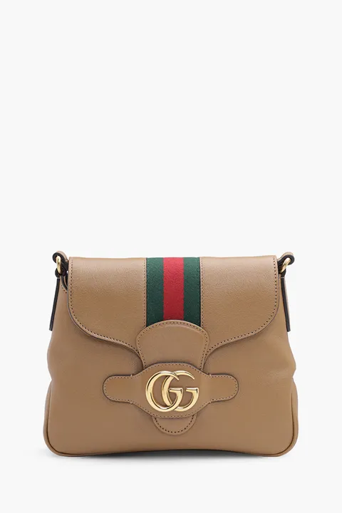 GUCCI Small Dahlia Double G Messenger Bag in Brown Leather GHW with Green/Red Web