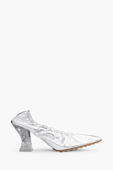 BOTTEGA VENETA Almond Toe Pumps 75mm in Silver Crushed Metallized Leather with Plexiglass Heel