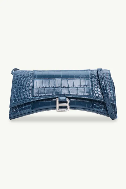 BALENCIAGA Hourglass Sling Bag in Dark Petrol Blue Shiny Croco-Stamped Leather SHW