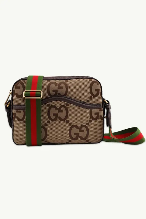 GUCCI Medium Messenger Bag in Camel/Ebony Canvas x Leather with Jumbo GG Supreme