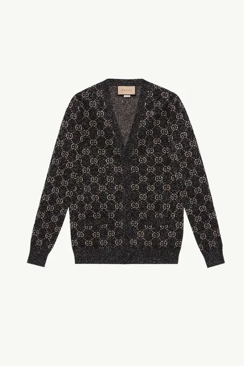 GUCCI Women GG Jacquard Lame V-Neck Cardigan in Black/Beige