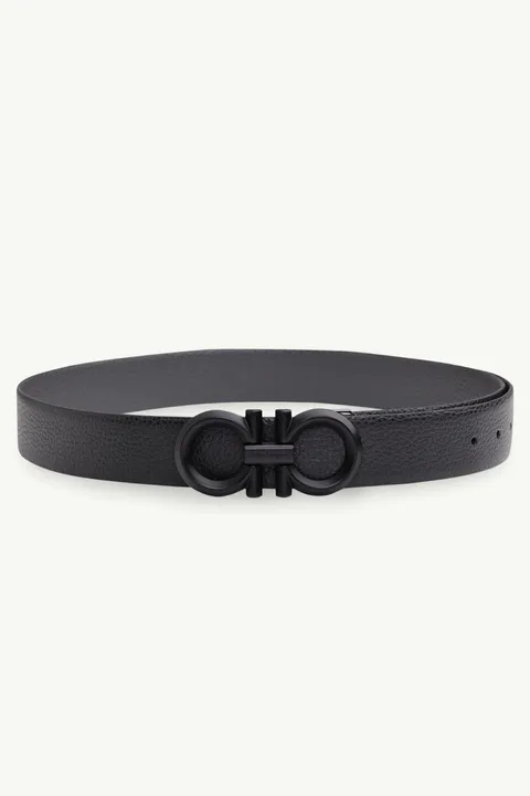 SALVATORE FERRAGAMO Men Reversible Gancini Belt 3.5cm in Black/Asphalt Gray Textured Calfskin BHW