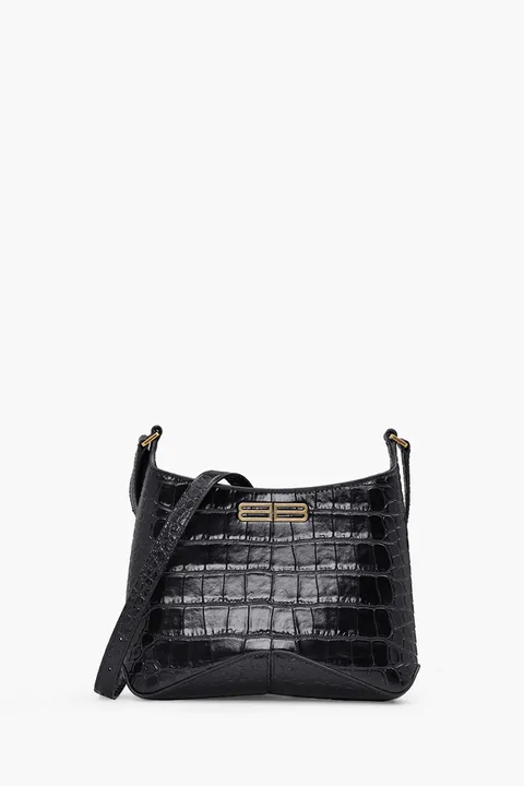BALENCIAGA Small XX Hobo Shoulder Bag in Black Shiny Super Supple Croco Embossed GHW