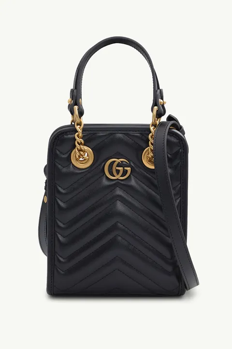 GUCCI Mini GG Marmont Matelassé Bag in Black Chevron Leather