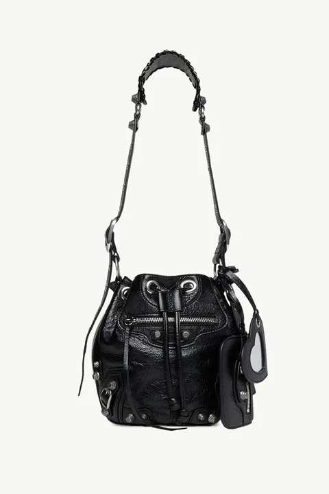 BALENCIAGA Le Cagole XS Bucket Bag in Black Arena Lambskin SHW