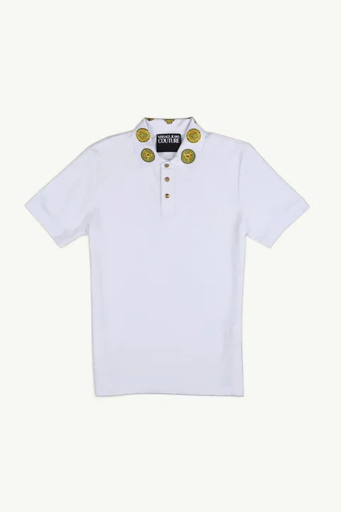 VERSACE JEANS COUTURE Men Sun Logo on Collar Polo Shirt in White/Gold