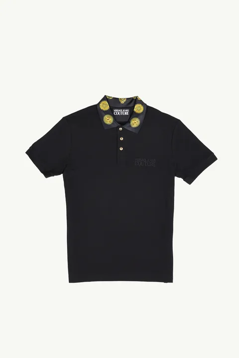 VERSACE JEANS COUTURE Men Sun Logo on Collar Polo Shirt in Black/Gold