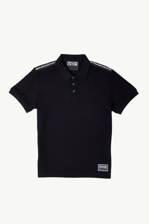 VERSACE JEANS COUTURE Men Rectangle Chain Logo on Bottom Polo Shirt in Black with Ribbed Trims