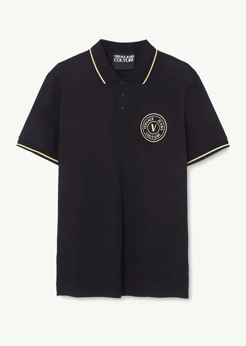 VERSACE JEANS COUTURE Men V-Emblem Polo Shirt in Black/Gold