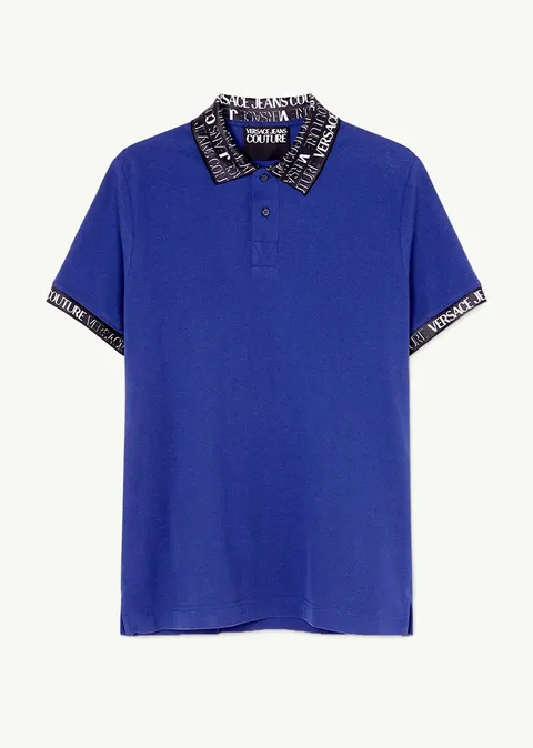 VERSACE JEANS COUTURE Men Polo Shirt in Blue with All Over Logo on Collar and Sleeves